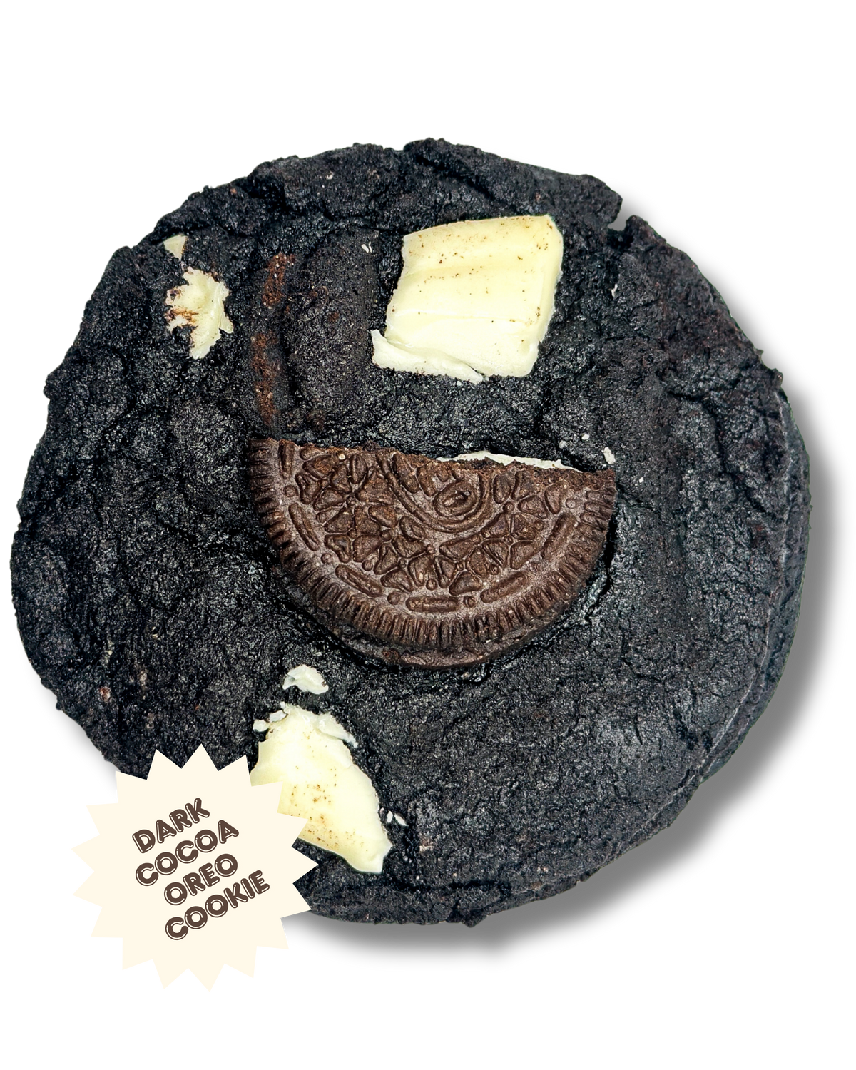 Boston Cookie Kitchen Dark Cocoa Oreo cookie with black cocoa, crushed Oreos, and white chocolate