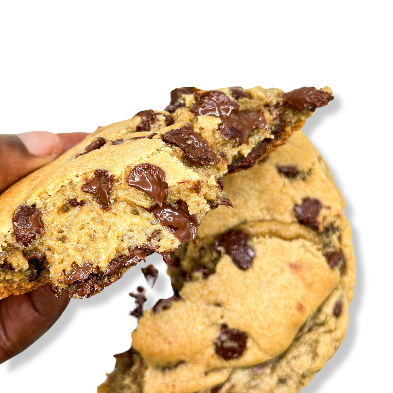 Boston Cookie Kitchen chocolate chip cookie pulled apart with melted chocolate
